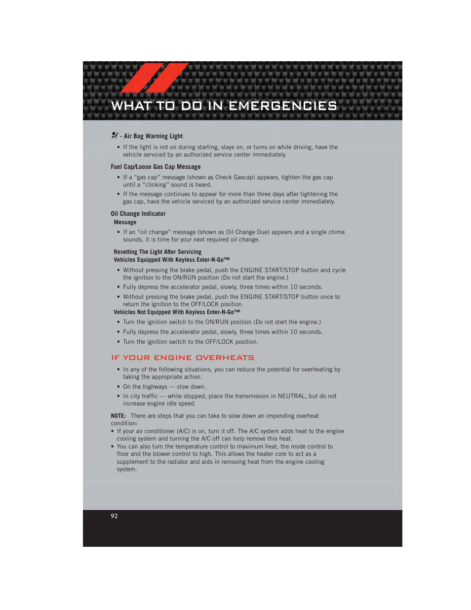 Air bag warning light, Fuel cap/loose gas cap message, Oil change indicator | If your engine overheats, What to do in emergencies | Dodge 2012 Durango - User Guide User Manual | Page 94 / 140