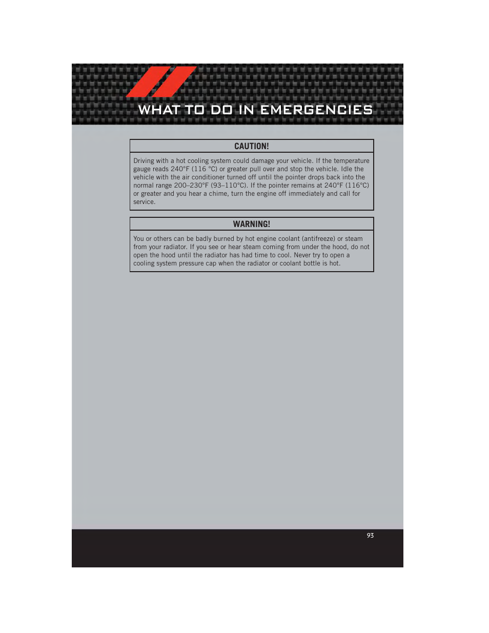 What to do in emergencies | Dodge 2012 Durango - User Guide User Manual | Page 95 / 140