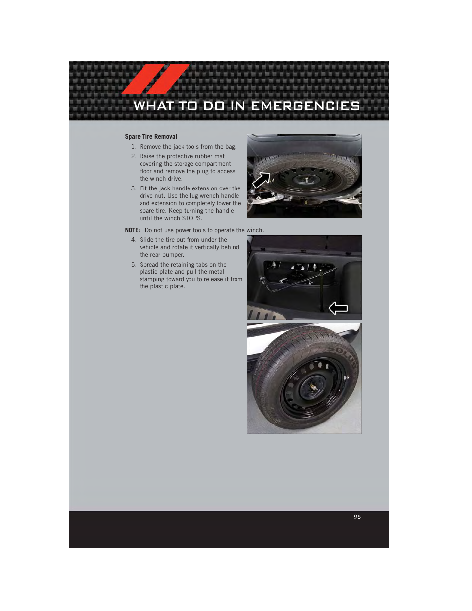 Spare tire removal, What to do in emergencies | Dodge 2012 Durango - User Guide User Manual | Page 97 / 140
