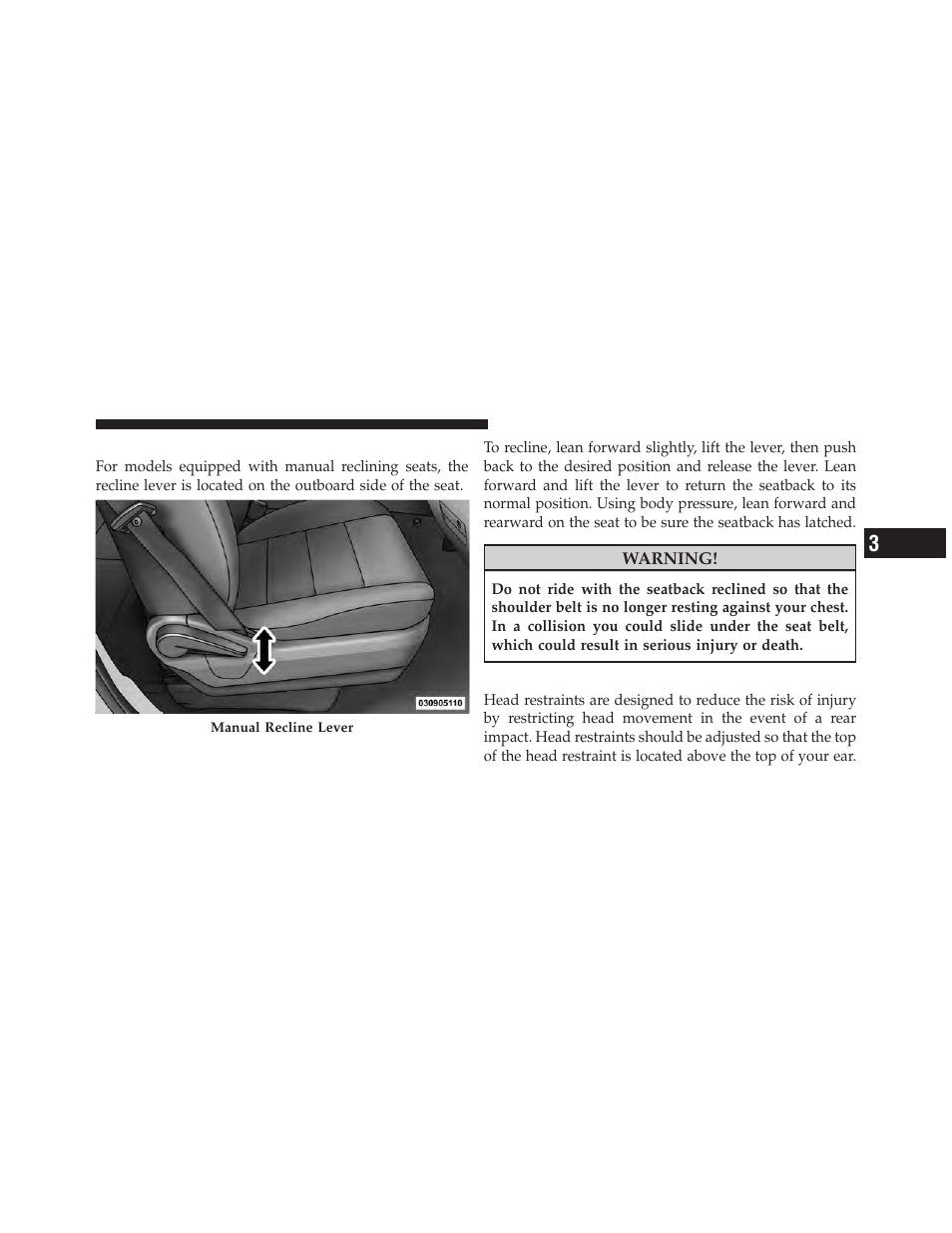 Manual reclining seats — if equipped, Head restraints | Dodge 2012 Grand_Caravan - Owner Manual User Manual | Page 170 / 643