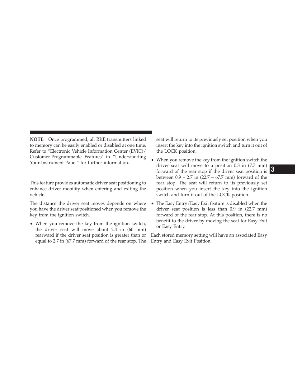 Easy entry/exit seat (available with, Memory seat only) | Dodge 2012 Grand_Caravan - Owner Manual User Manual | Page 198 / 643