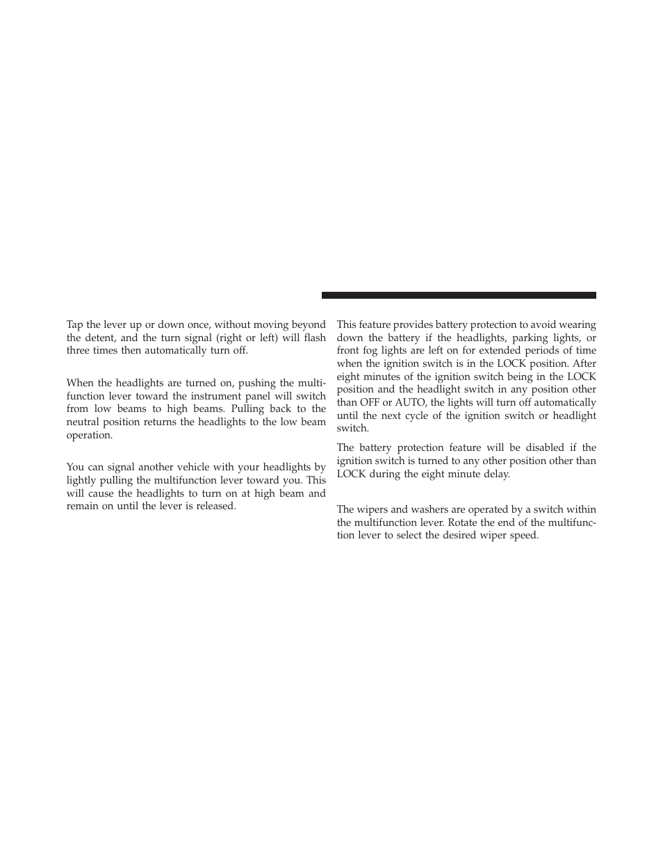 Lane change assist, High/low beam switch, Flash-to-pass | Battery protection, Windshield wiper and washers | Dodge 2012 Grand_Caravan - Owner Manual User Manual | Page 207 / 643