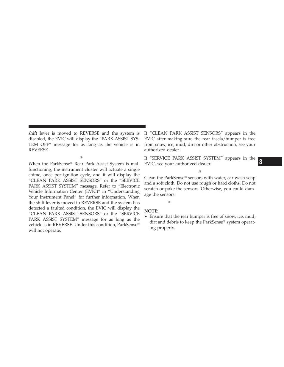 Service the parksenseĥ rear park assist system, Cleaning the parksenseĥ system, Parksenseĥ system usage precautions | Service the parksense௡ rear park assist, System, Cleaning the parksense௡ system, Parksense௡ system usage precautions | Dodge 2012 Grand_Caravan - Owner Manual User Manual | Page 224 / 643