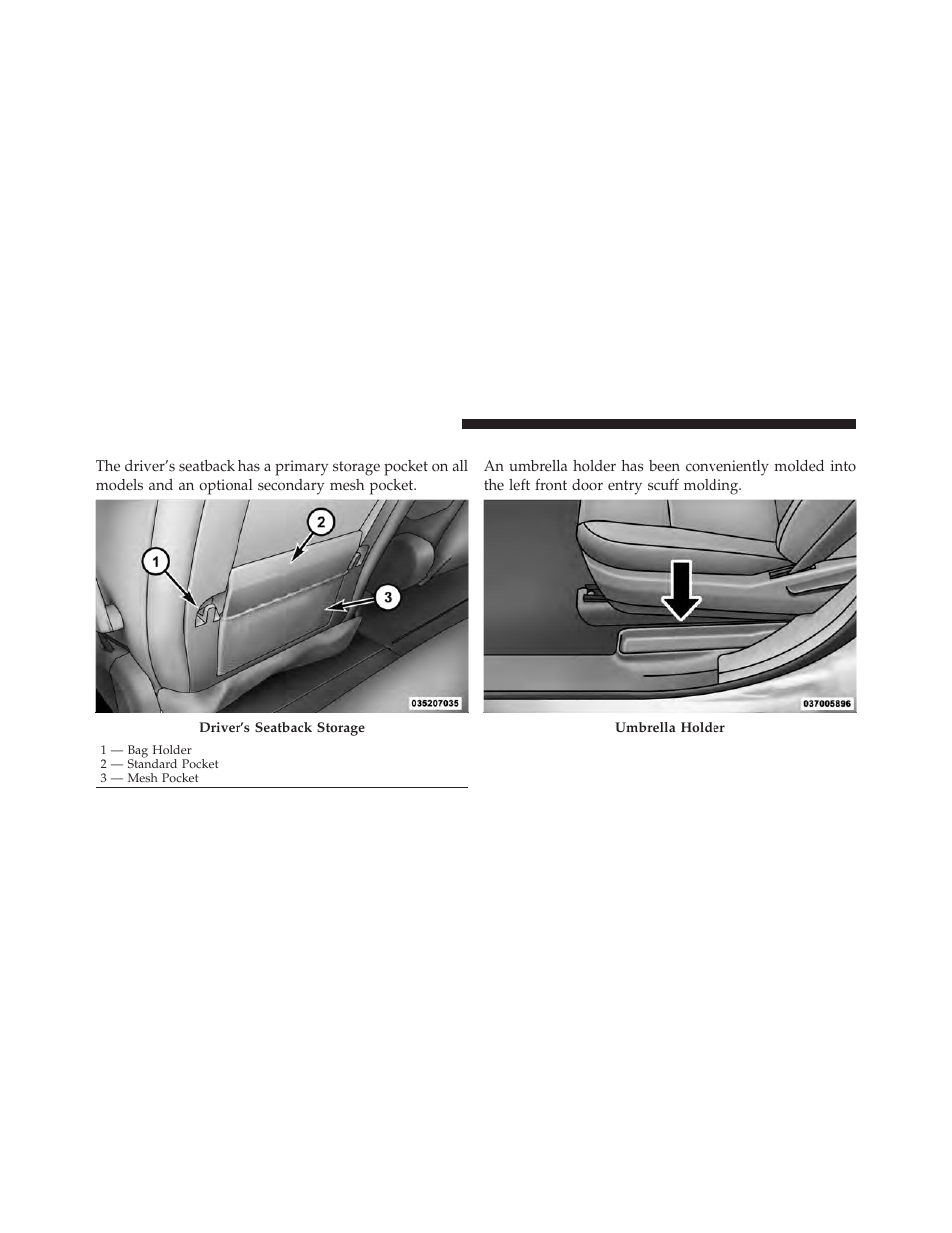 Driver seatback storage — if equipped, Umbrella holder | Dodge 2012 Grand_Caravan - Owner Manual User Manual | Page 259 / 643