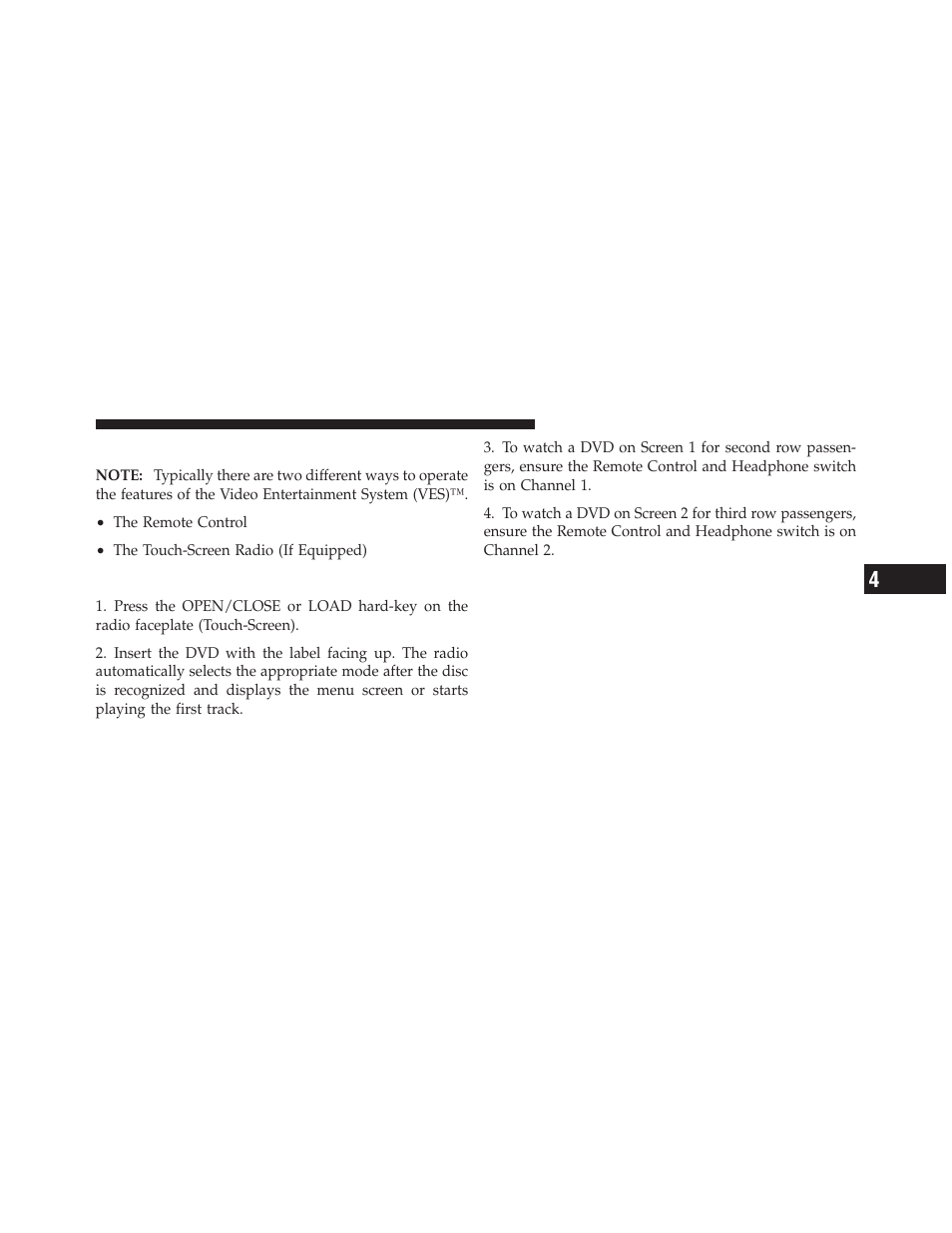 Dual video screen, Play a dvd using the touch-screen radio, Play a dvd using the touch-screen | Radio | Dodge 2012 Grand_Caravan - Owner Manual User Manual | Page 362 / 643