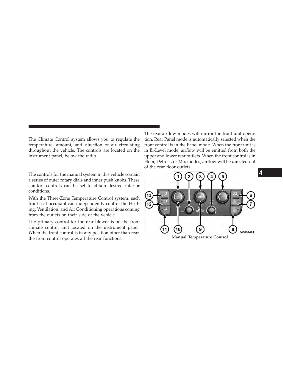 Climate controls, Manual heating and air conditioning, System — if equipped | Dodge 2012 Grand_Caravan - Owner Manual User Manual | Page 396 / 643