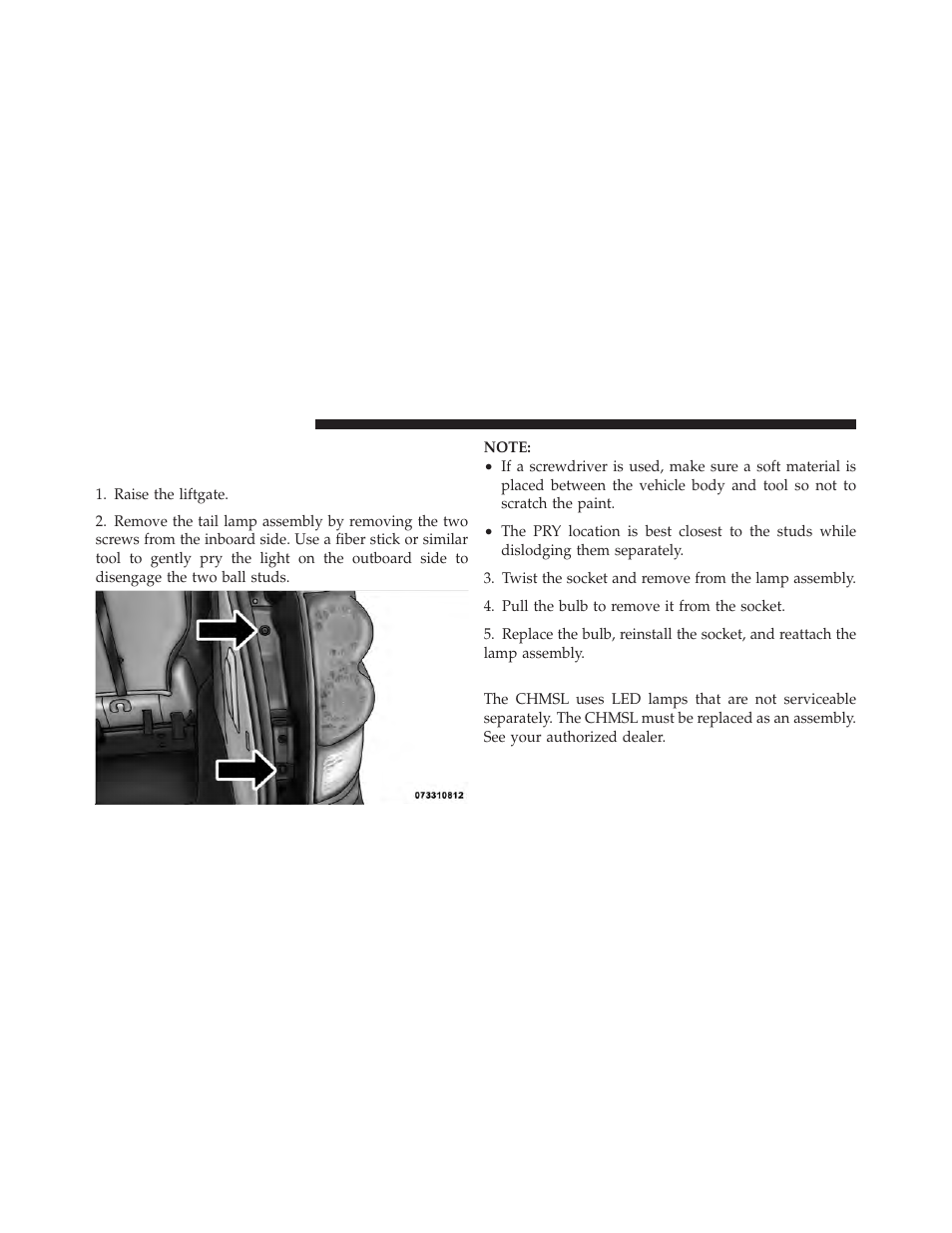 Center high-mounted stop lamp (chmsl), Rear tail, stop, turn signal, side marker, And backup lamps | Center high-mounted stop lamp, Chmsl) | Dodge 2012 Grand_Caravan - Owner Manual User Manual | Page 591 / 643