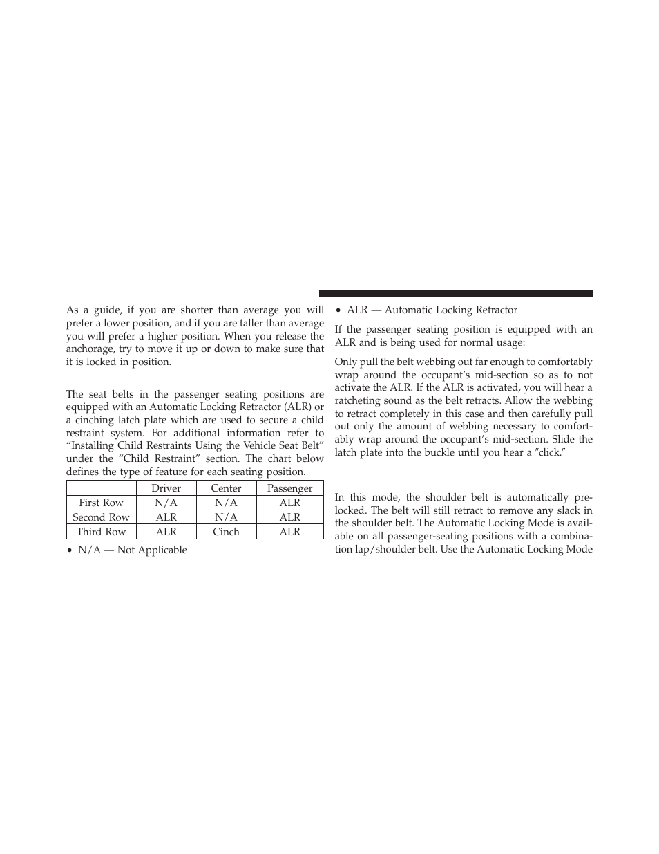 Seat belts in passenger seating positions, Automatic locking retractor mode (alr), If equipped | Dodge 2012 Grand_Caravan - Owner Manual User Manual | Page 65 / 643