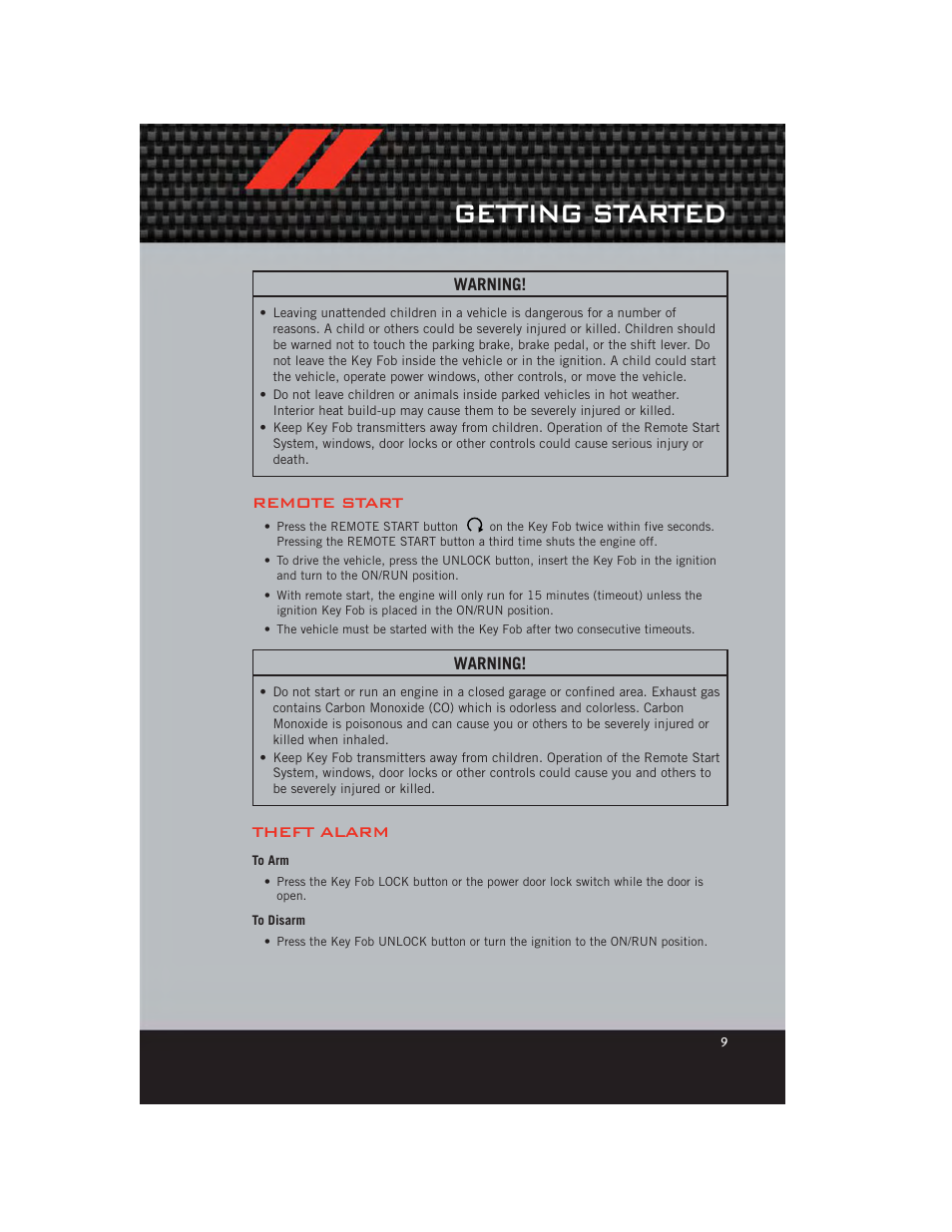 Remote start, Theft alarm, To arm | To disarm, Getting started, Warning | Dodge 2012 Grand_Caravan - User Guide User Manual | Page 11 / 132