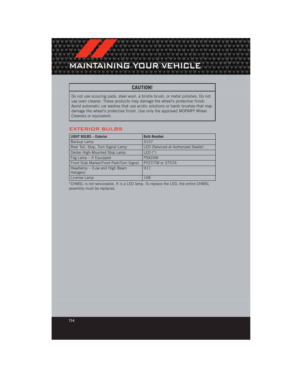 Exterior bulbs, Maintaining your vehicle, Caution | Dodge 2012 Grand_Caravan - User Guide User Manual | Page 116 / 132