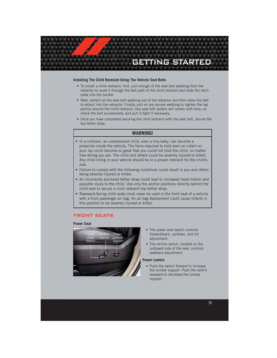 Front seats, Power seat, Power lumbar | Getting started | Dodge 2012 Grand_Caravan - User Guide User Manual | Page 15 / 132