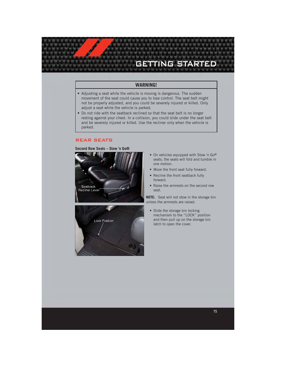 Rear seats, Second row seats – stow 'n go, Getting started | Dodge 2012 Grand_Caravan - User Guide User Manual | Page 17 / 132