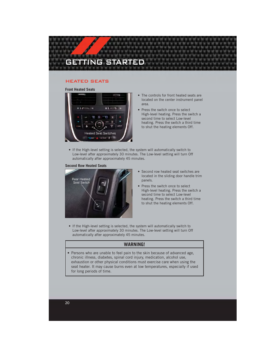 Heated seats, Front heated seats, Second row heated seats | Getting started | Dodge 2012 Grand_Caravan - User Guide User Manual | Page 22 / 132