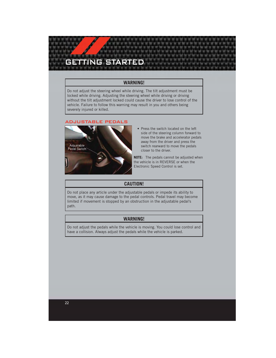 Adjustable pedals, Getting started | Dodge 2012 Grand_Caravan - User Guide User Manual | Page 24 / 132