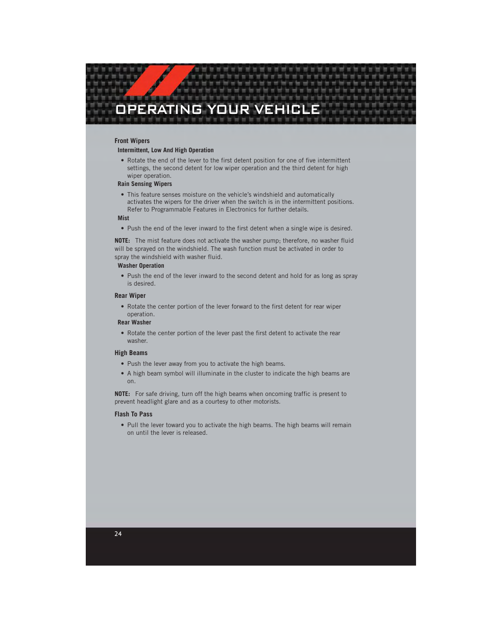 Front wipers, Rear wiper, High beams | Flash to pass, Operating your vehicle | Dodge 2012 Grand_Caravan - User Guide User Manual | Page 26 / 132