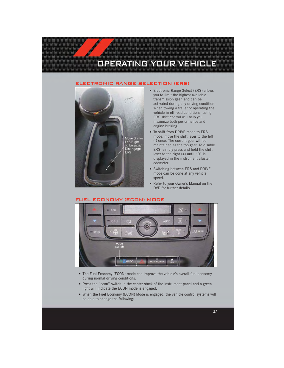 Electronic range selection (ers), Fuel economy (econ) mode, Operating your vehicle | Dodge 2012 Grand_Caravan - User Guide User Manual | Page 29 / 132