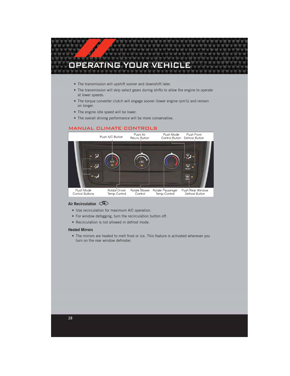 Manual climate controls, Air recirculation, Heated mirrors | Operating your vehicle | Dodge 2012 Grand_Caravan - User Guide User Manual | Page 30 / 132