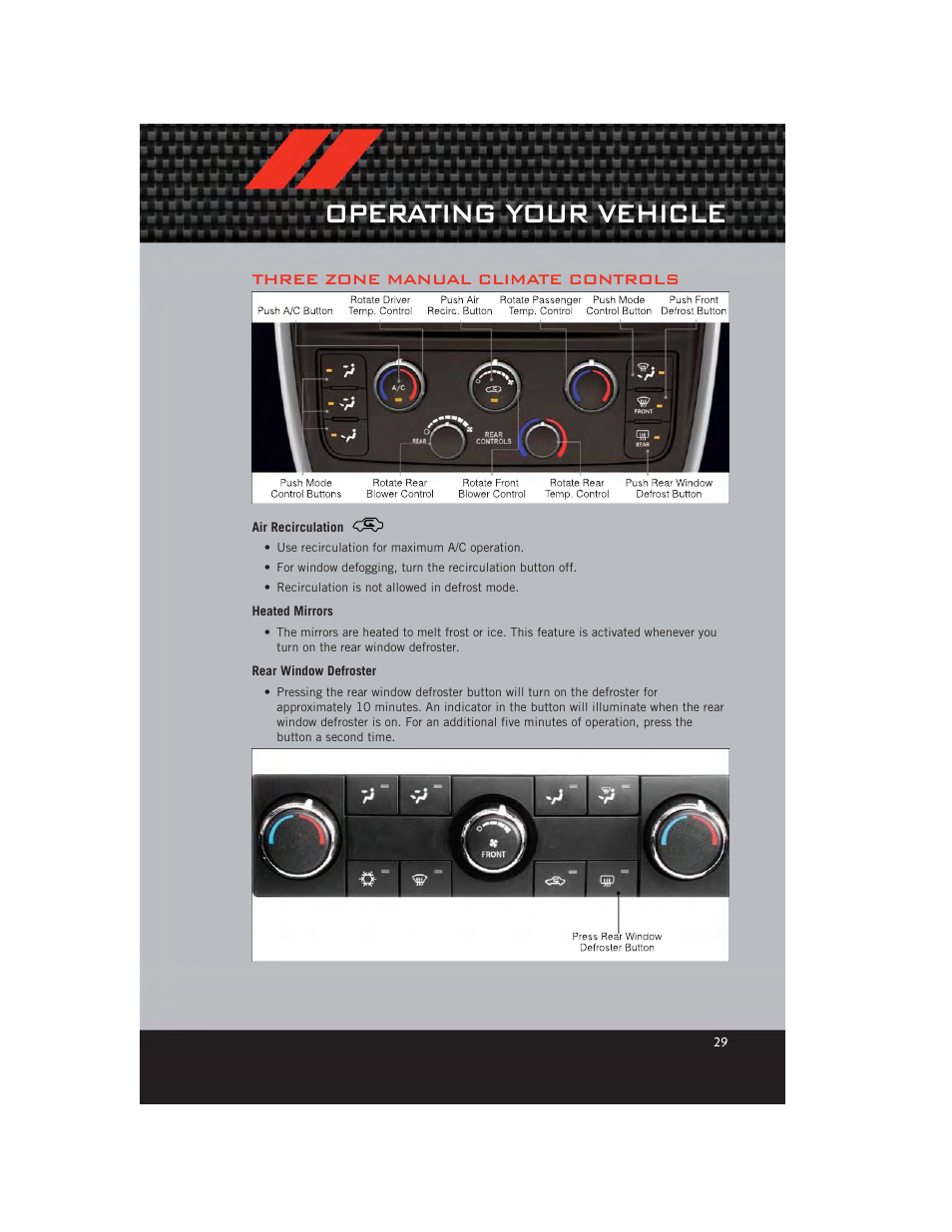 Three zone manual climate controls, Air recirculation, Heated mirrors | Rear window defroster, Operating your vehicle | Dodge 2012 Grand_Caravan - User Guide User Manual | Page 31 / 132