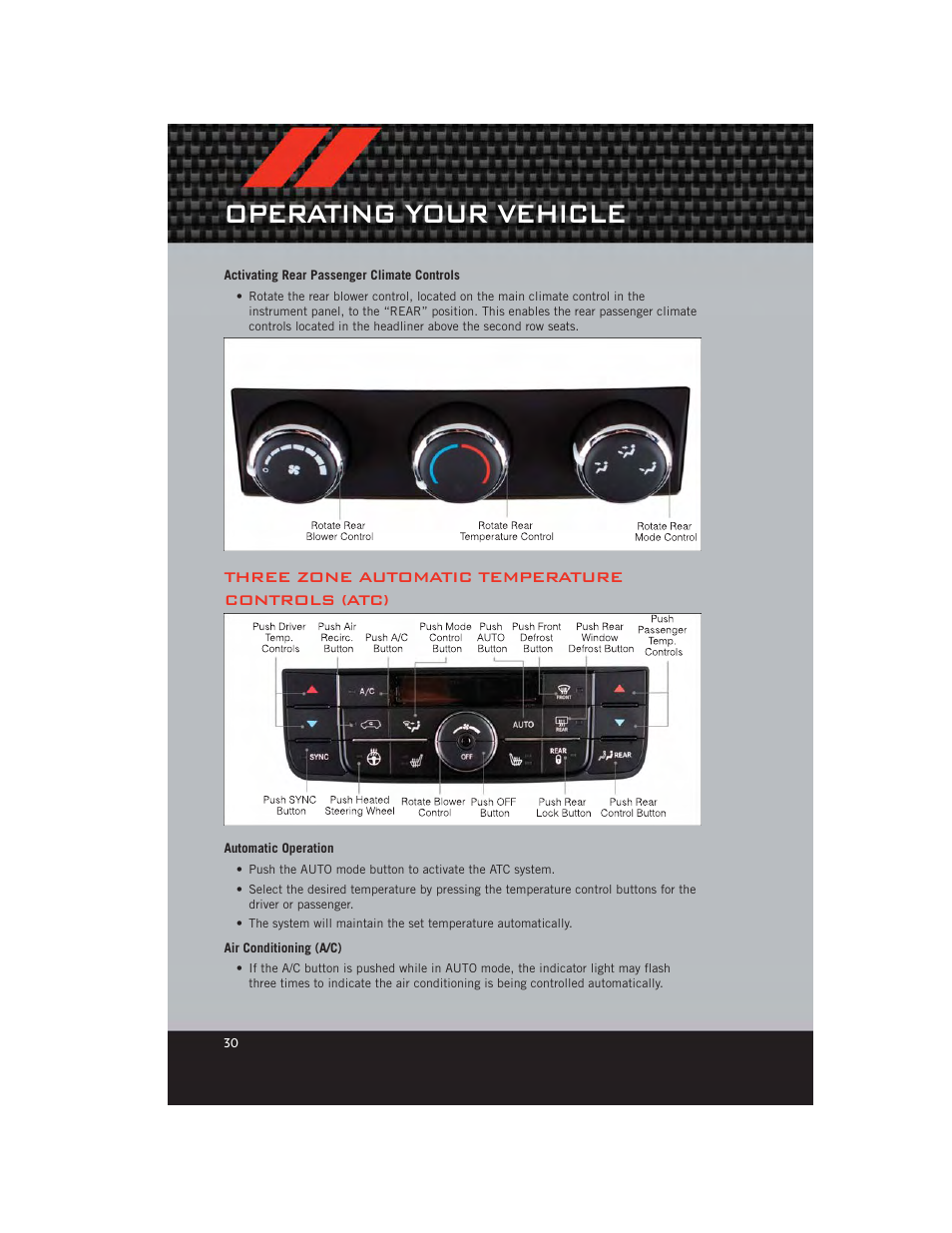 Activating rear passenger climate controls, Three zone automatic temperature controls (atc), Automatic operation | Air conditioning (a/c), Operating your vehicle | Dodge 2012 Grand_Caravan - User Guide User Manual | Page 32 / 132