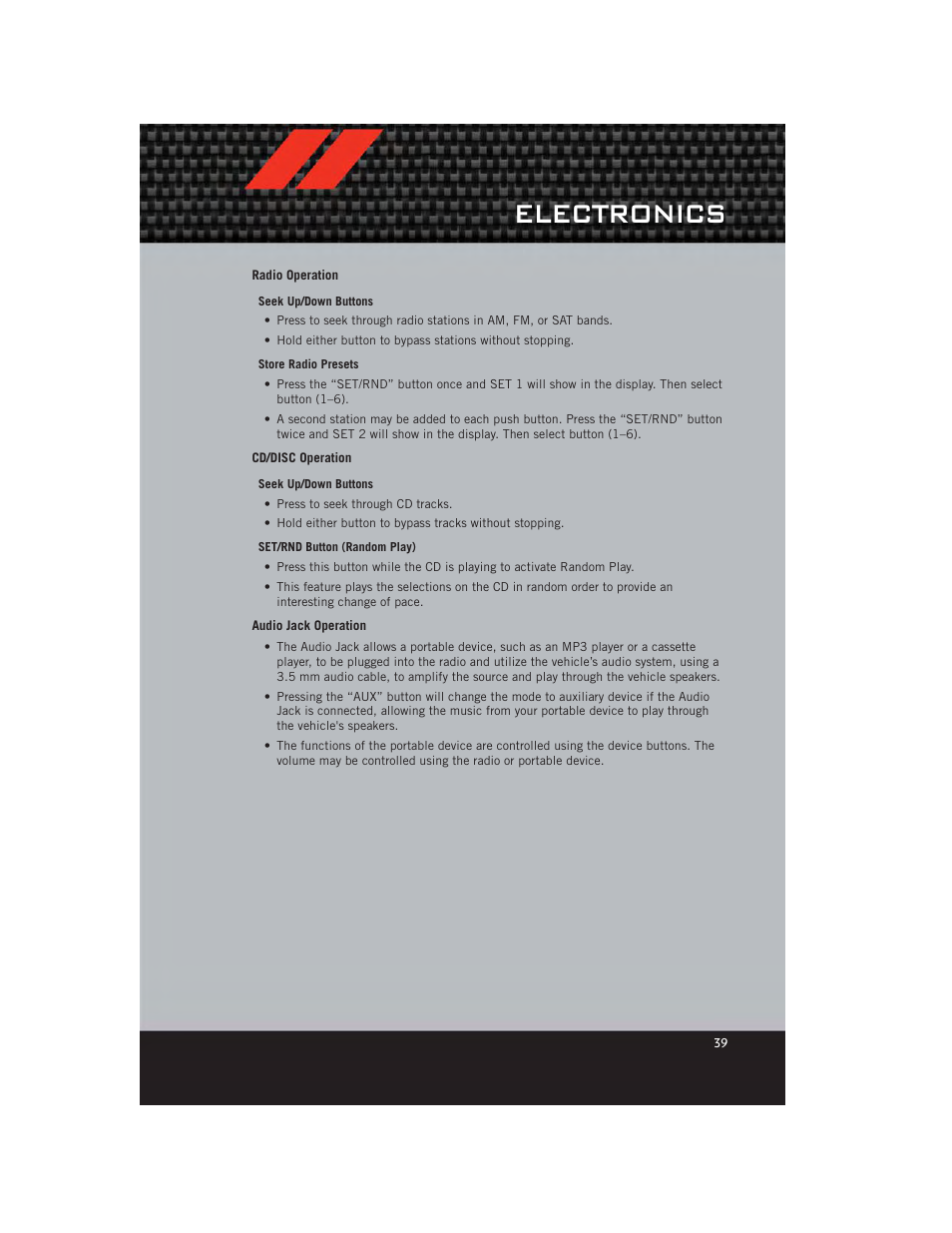 Radio operation, Cd/disc operation, Audio jack operation | Electronics | Dodge 2012 Grand_Caravan - User Guide User Manual | Page 41 / 132