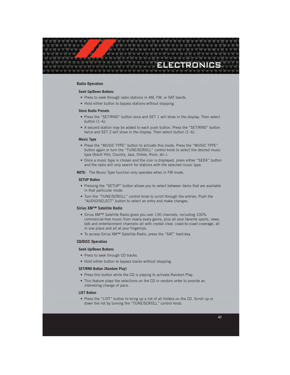 Radio operation, Sirius xm™ satellite radio, Cd/disc operation | Electronics | Dodge 2012 Grand_Caravan - User Guide User Manual | Page 43 / 132