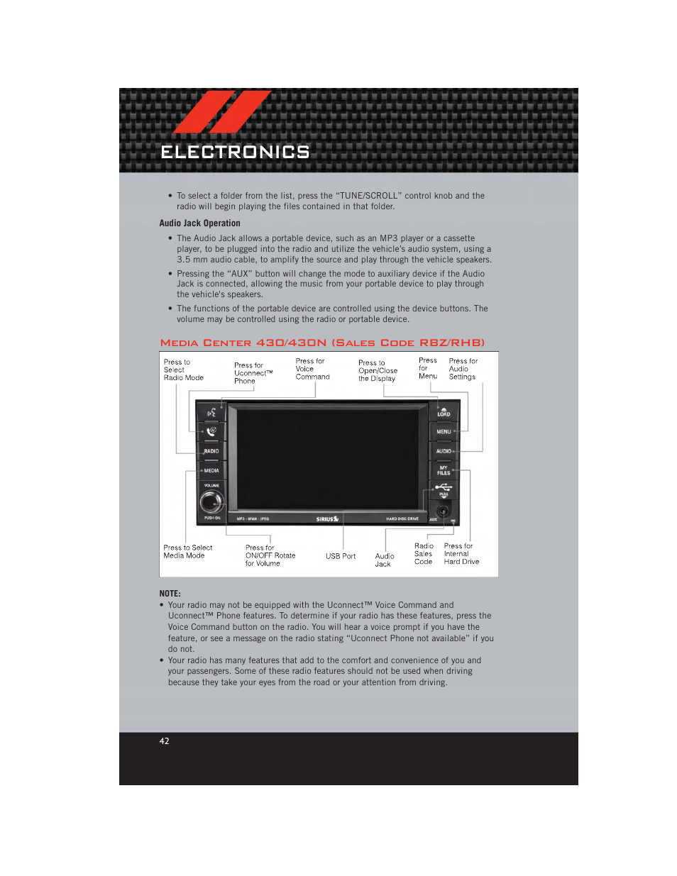 Audio jack operation, Media center 430/430n (sales code rbz/rhb), Electronics | Dodge 2012 Grand_Caravan - User Guide User Manual | Page 44 / 132