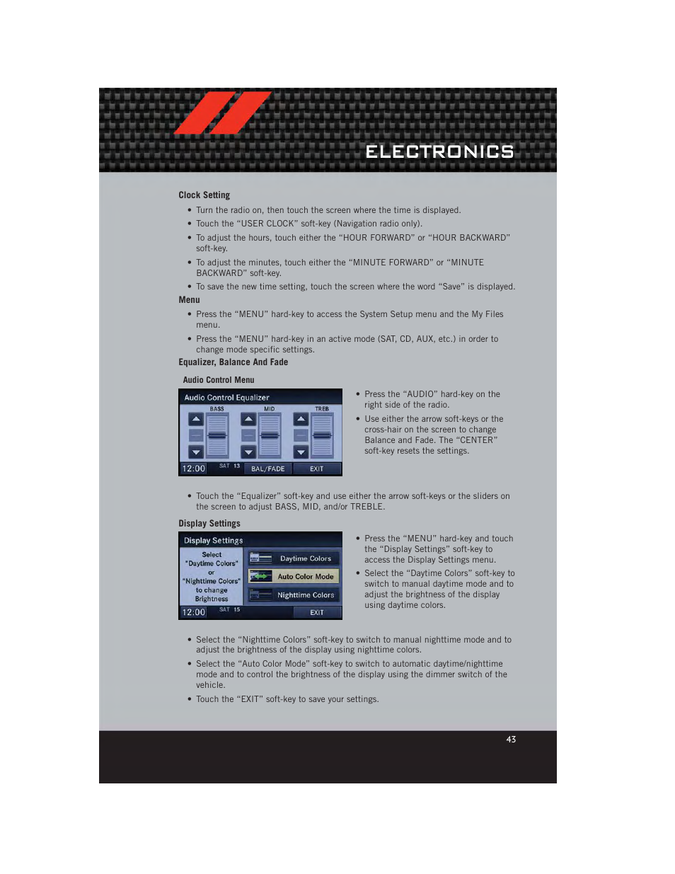 Clock setting, Menu, Equalizer, balance and fade | Display settings, Electronics | Dodge 2012 Grand_Caravan - User Guide User Manual | Page 45 / 132