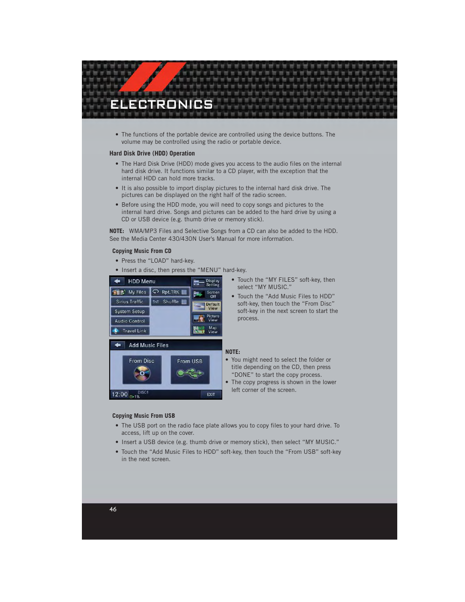 Hard disk drive (hdd) operation, Electronics | Dodge 2012 Grand_Caravan - User Guide User Manual | Page 48 / 132