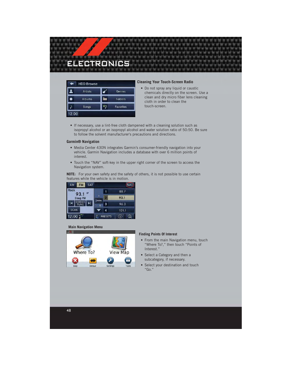 Cleaning your touch-screen radio, Garmin® navigation, Electronics | Dodge 2012 Grand_Caravan - User Guide User Manual | Page 50 / 132