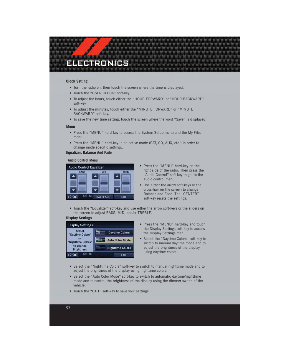 Clock setting, Menu, Equalizer, balance and fade | Display settings, Electronics | Dodge 2012 Grand_Caravan - User Guide User Manual | Page 54 / 132