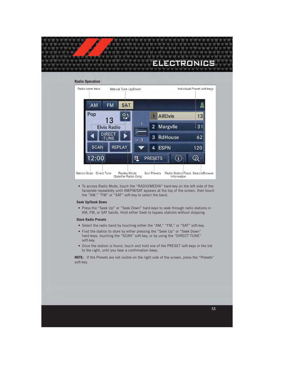 Radio operation, Electronics | Dodge 2012 Grand_Caravan - User Guide User Manual | Page 55 / 132