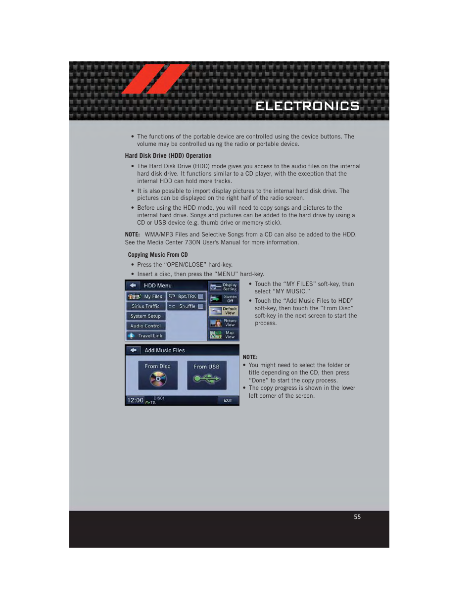 Hard disk drive (hdd) operation, Electronics | Dodge 2012 Grand_Caravan - User Guide User Manual | Page 57 / 132