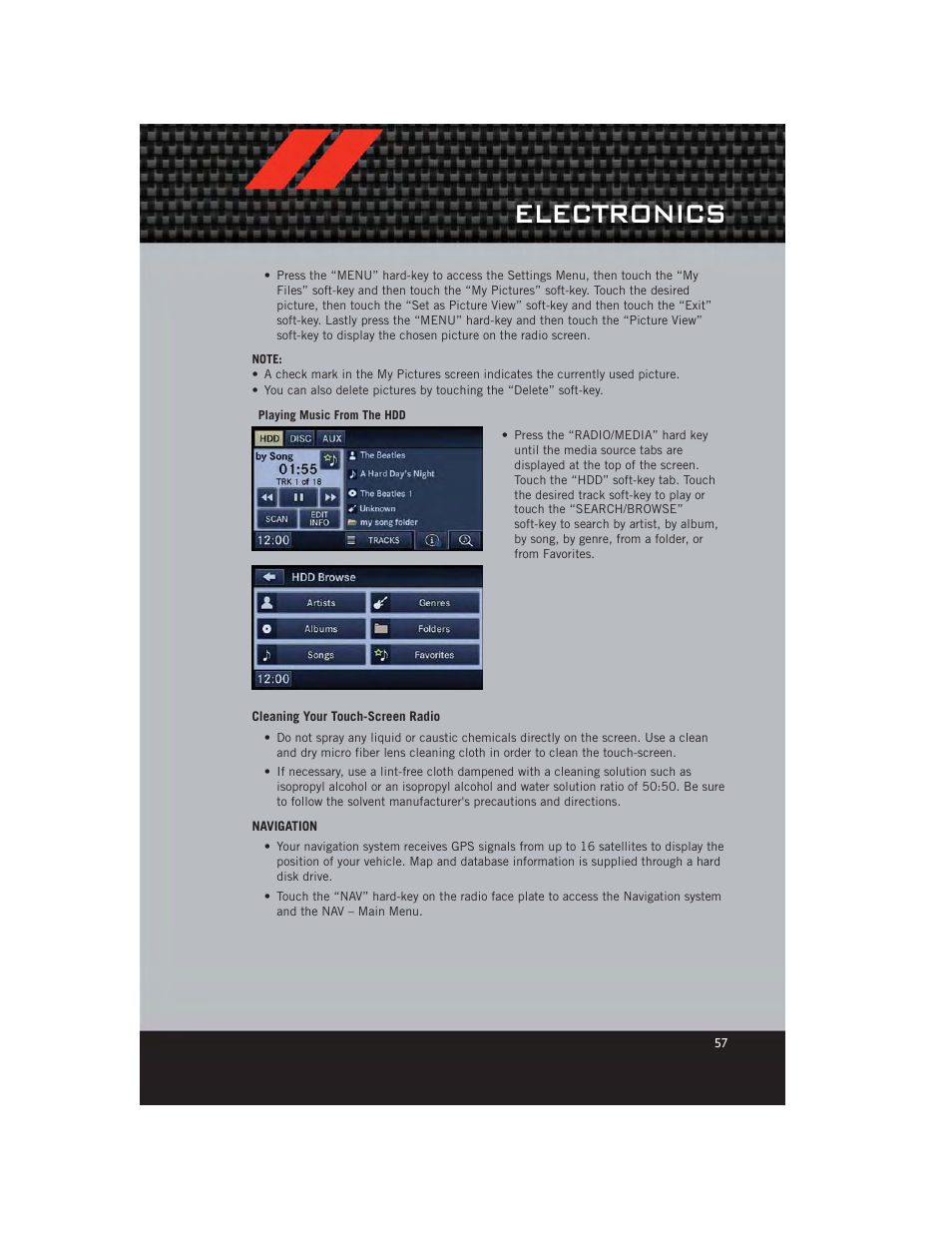 Cleaning your touch-screen radio, Navigation, Electronics | Dodge 2012 Grand_Caravan - User Guide User Manual | Page 59 / 132