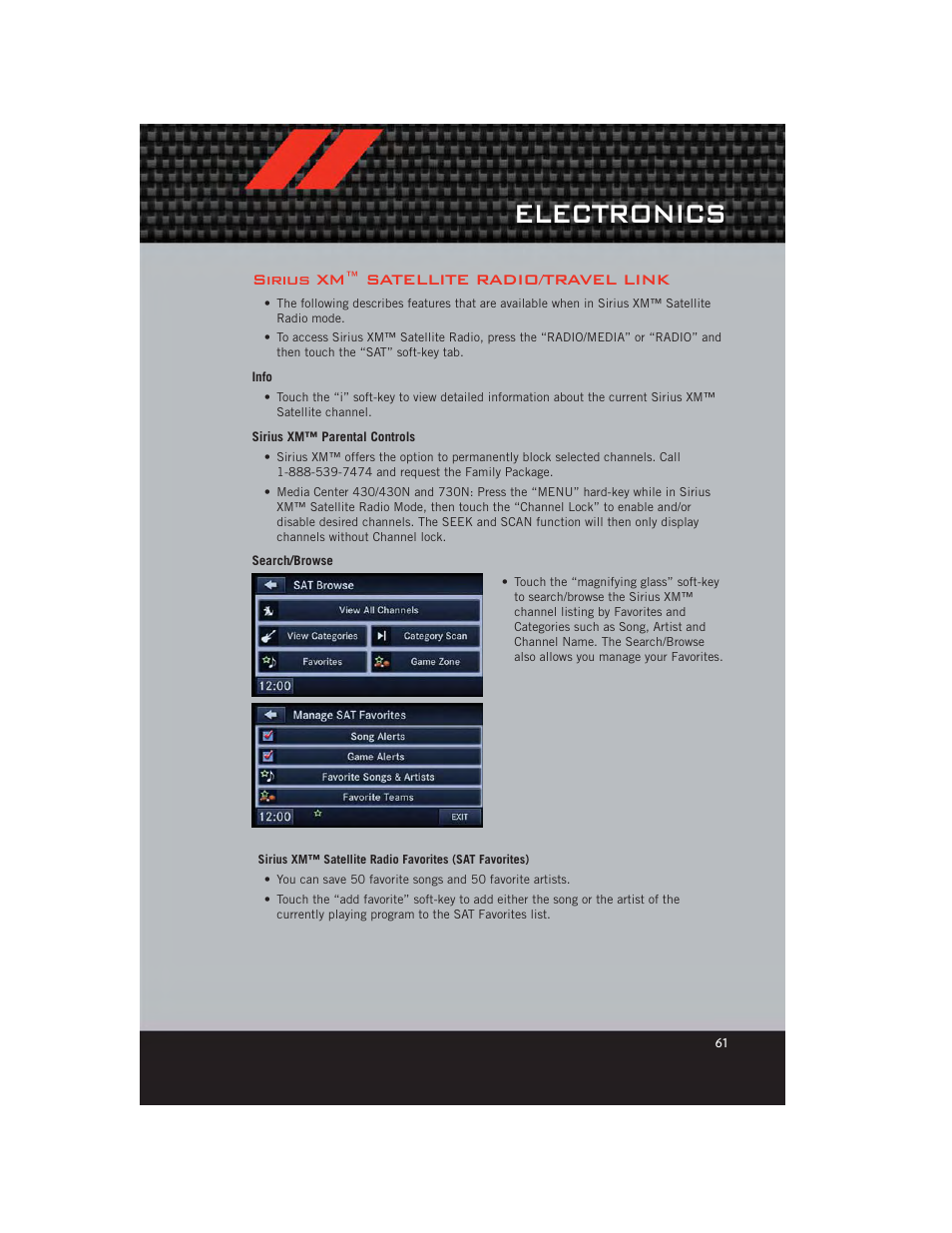 Sirius xm™ satellite radio/travel link, Info, Sirius xm™ parental controls | Search/browse, Electronics | Dodge 2012 Grand_Caravan - User Guide User Manual | Page 63 / 132