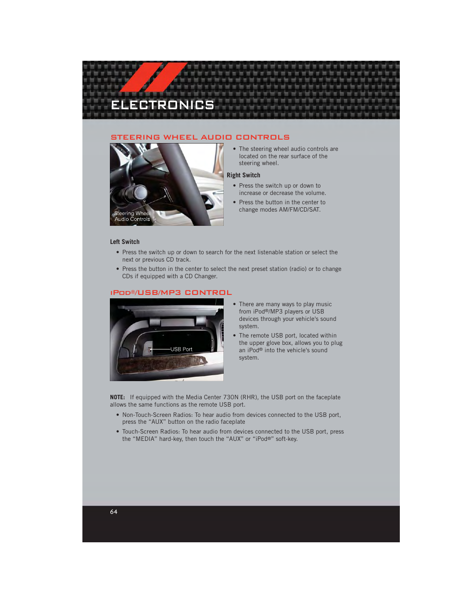 Steering wheel audio controls, Right switch, Left switch | Ipod®/usb/mp3 control, Electronics, Ipod, Usb/mp3 control | Dodge 2012 Grand_Caravan - User Guide User Manual | Page 66 / 132