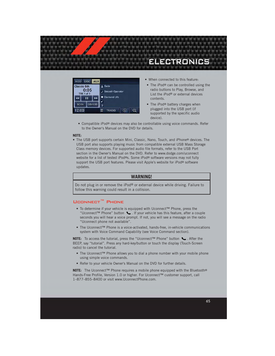 Uconnect™ phone, Electronics, Warning | Dodge 2012 Grand_Caravan - User Guide User Manual | Page 67 / 132