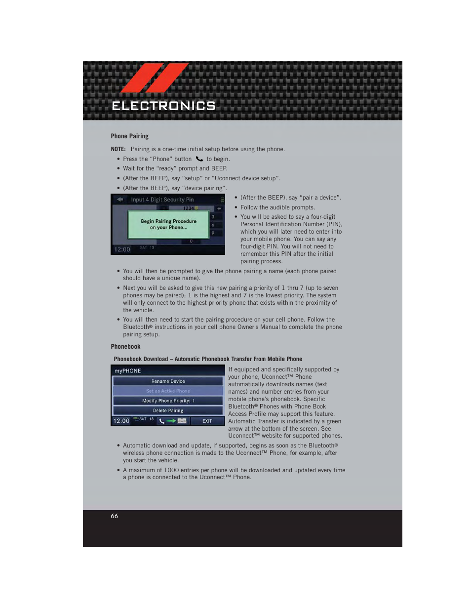 Phone pairing, Phonebook, Electronics | Dodge 2012 Grand_Caravan - User Guide User Manual | Page 68 / 132