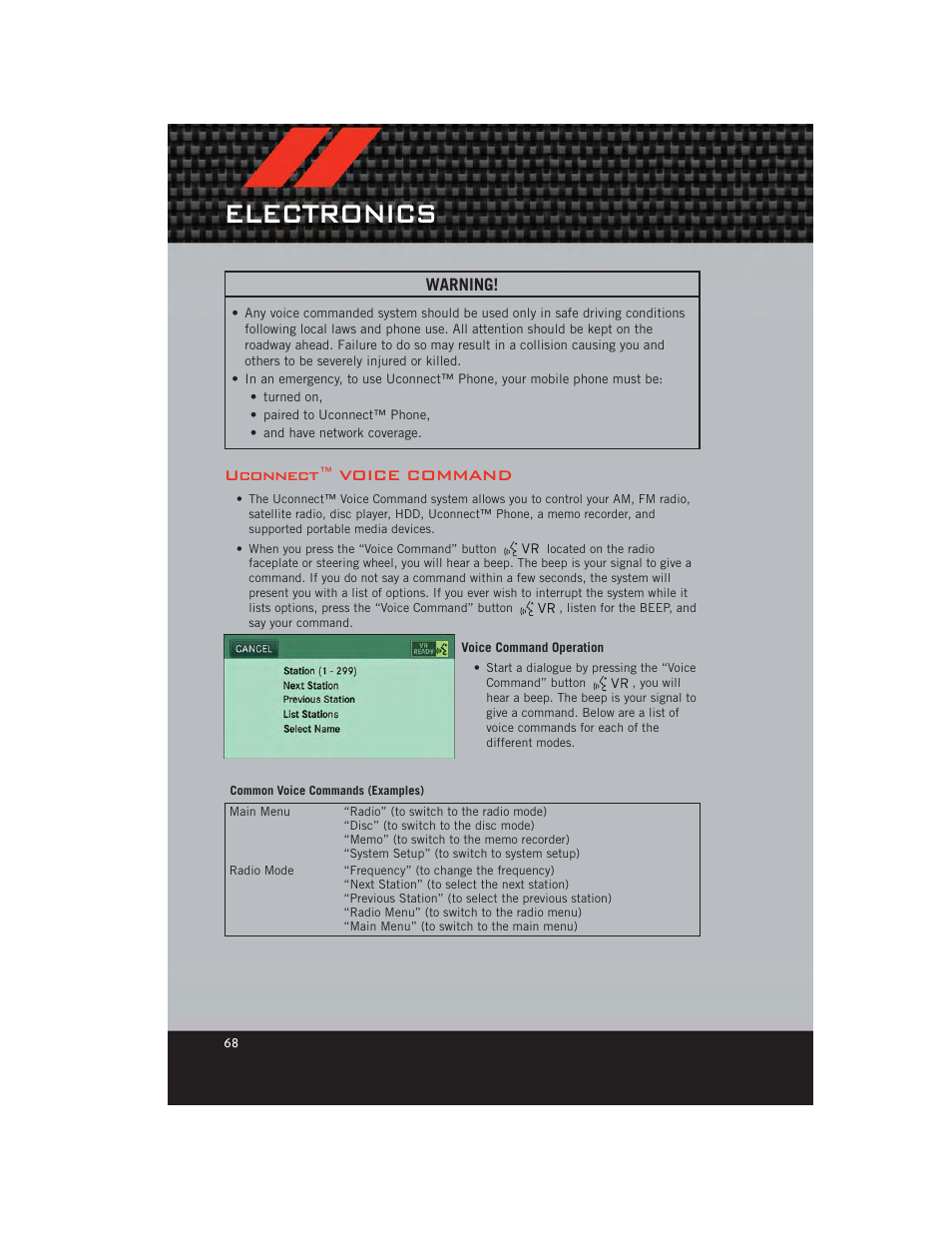 Uconnect™ voice command, Voice command operation, Electronics | Dodge 2012 Grand_Caravan - User Guide User Manual | Page 70 / 132