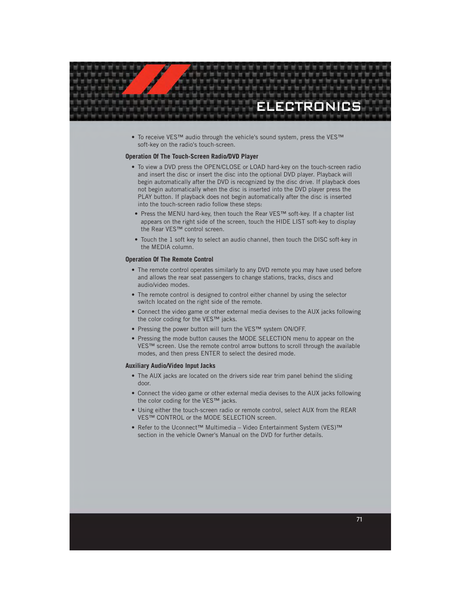 Operation of the touch-screen radio/dvd player, Operation of the remote control, Auxiliary audio/video input jacks | Electronics | Dodge 2012 Grand_Caravan - User Guide User Manual | Page 73 / 132