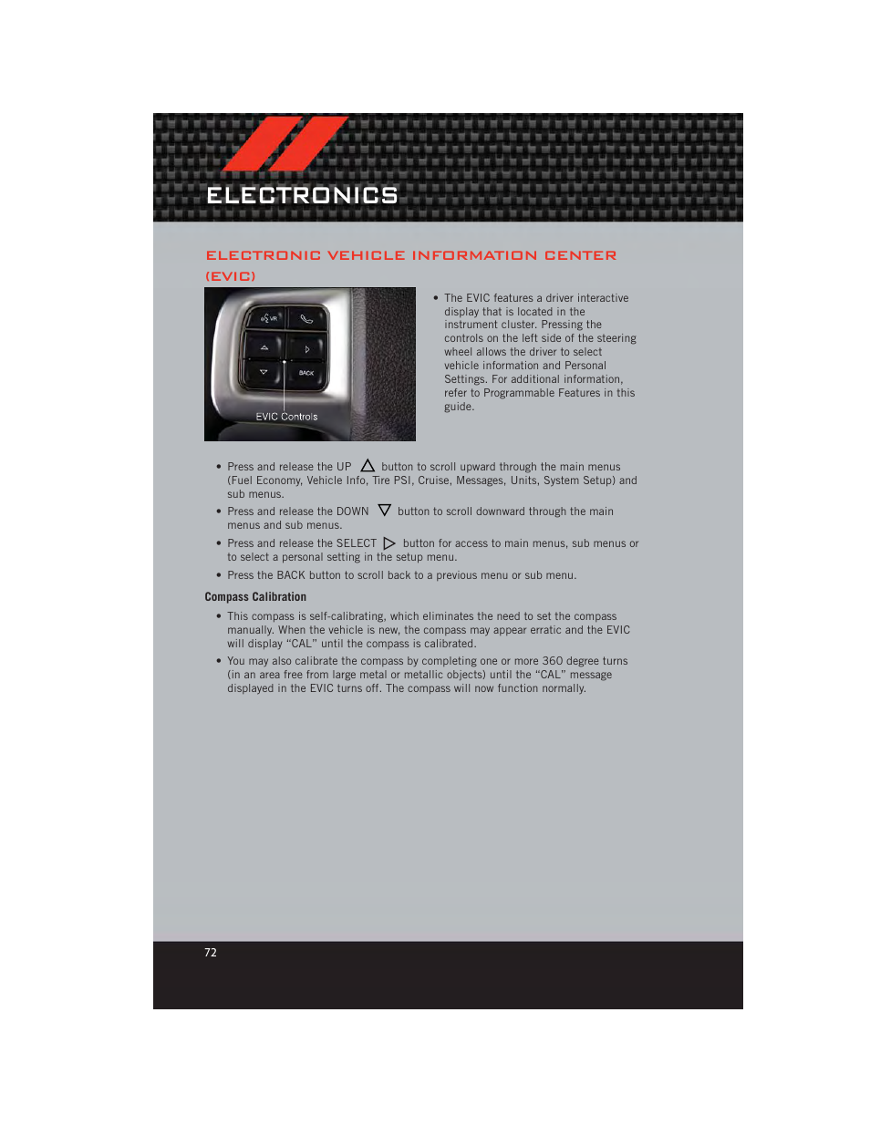 Electronic vehicle information center (evic), Compass calibration, Electronics | Dodge 2012 Grand_Caravan - User Guide User Manual | Page 74 / 132