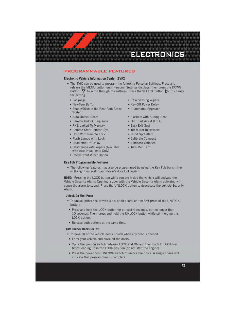 Programmable features, Electronic vehicle information center (evic), Key fob programmable features | Electronics | Dodge 2012 Grand_Caravan - User Guide User Manual | Page 75 / 132