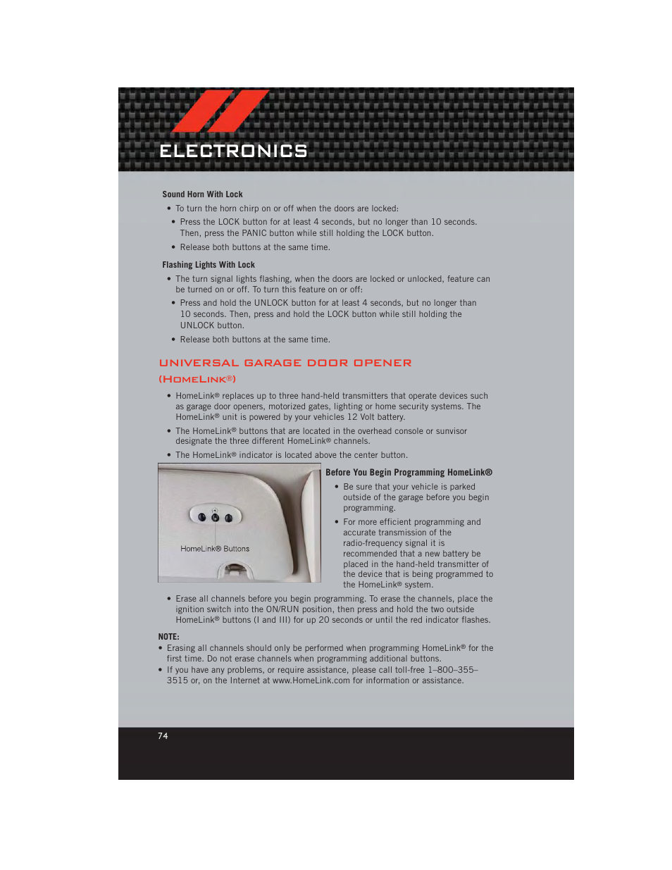 Universal garage door opener (homelink®), Before you begin programming homelink, Electronics | Universal garage door opener (homelink | Dodge 2012 Grand_Caravan - User Guide User Manual | Page 76 / 132