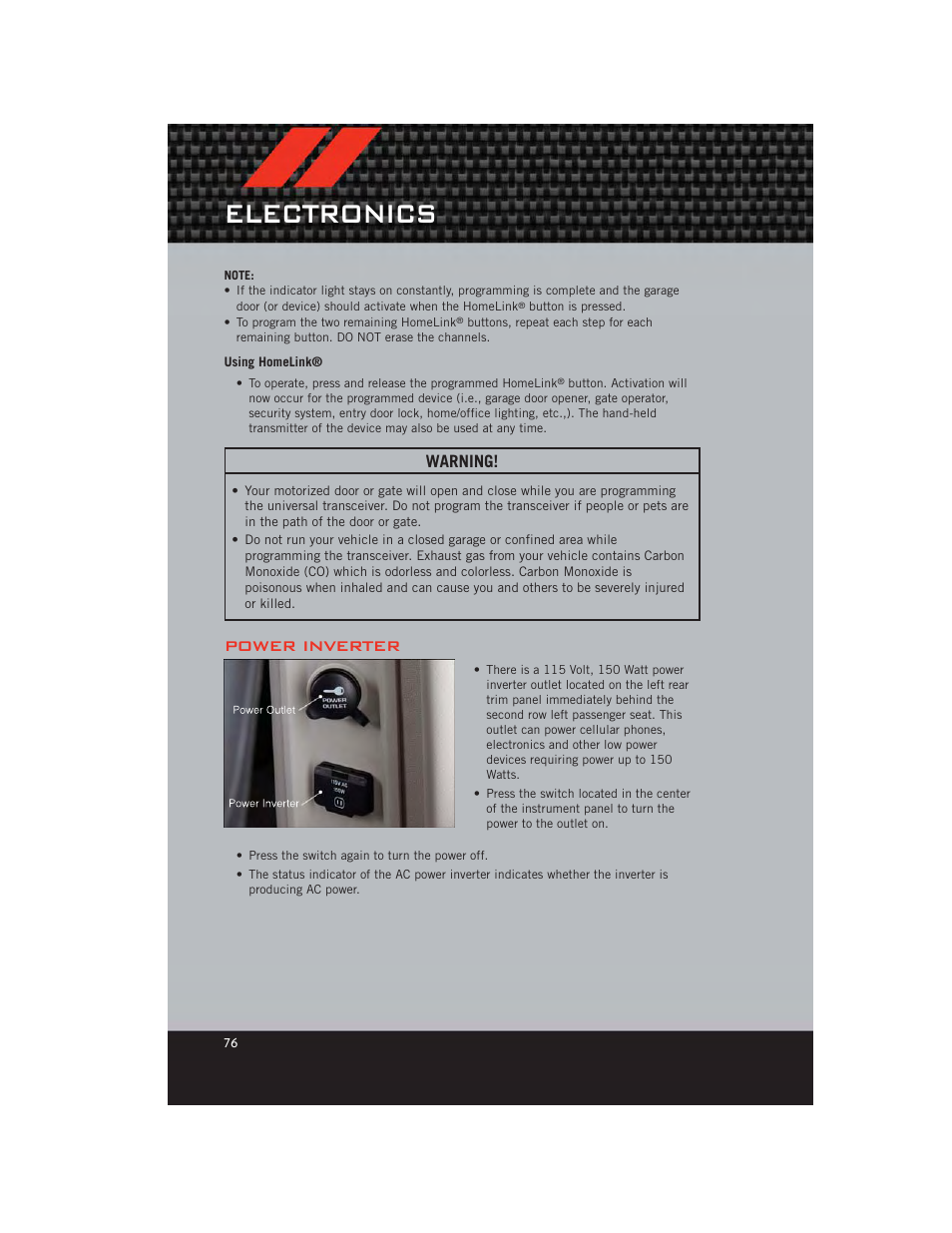 Using homelink, Power inverter, Electronics | Warning | Dodge 2012 Grand_Caravan - User Guide User Manual | Page 78 / 132