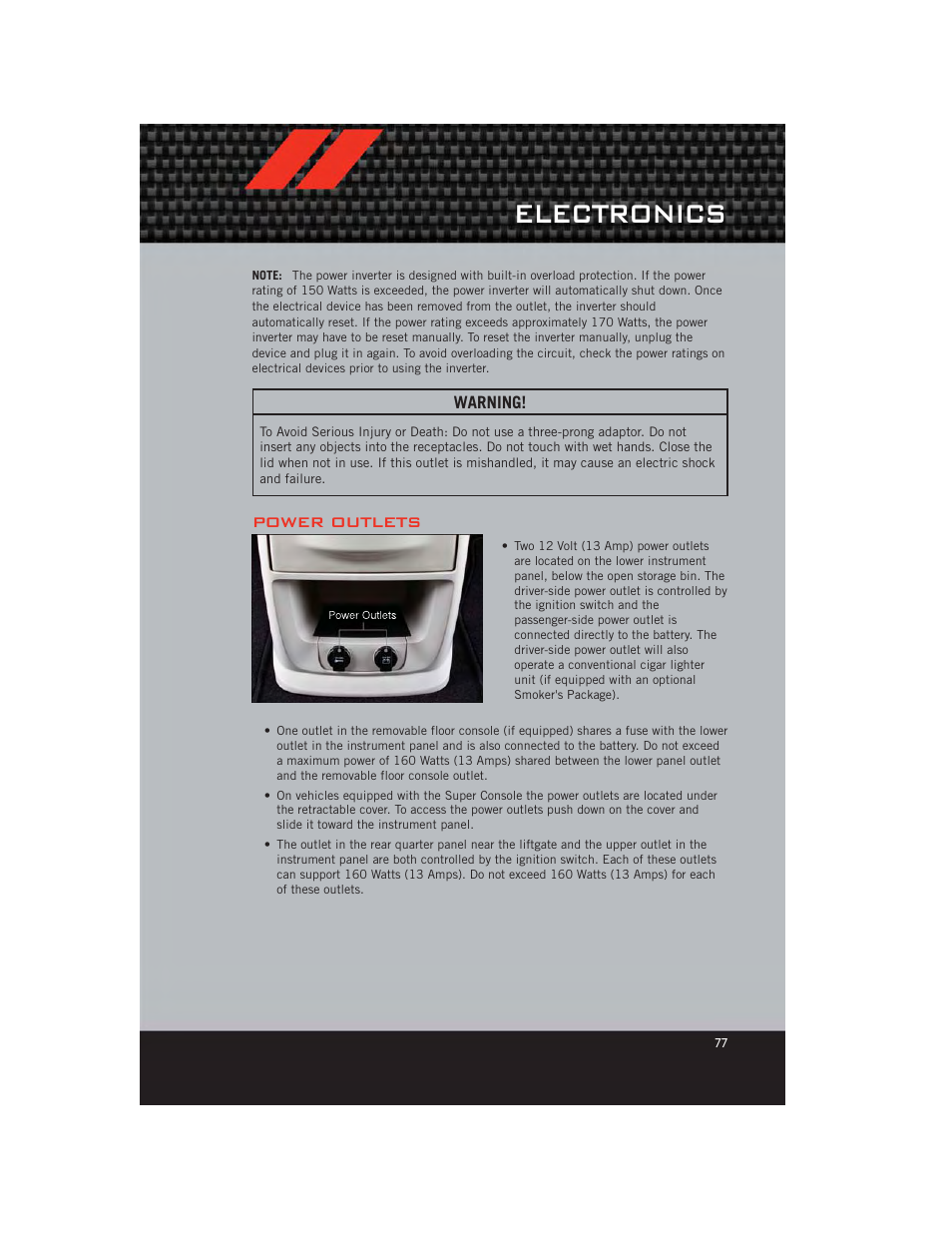 Power outlets, Electronics | Dodge 2012 Grand_Caravan - User Guide User Manual | Page 79 / 132