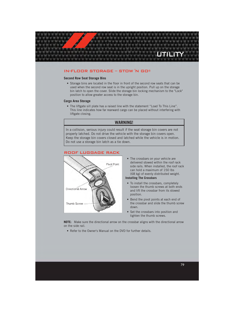 Utility, In-floor storage – stow 'n go, Second row seat storage bins | Cargo area storage, Roof luggage rack | Dodge 2012 Grand_Caravan - User Guide User Manual | Page 81 / 132