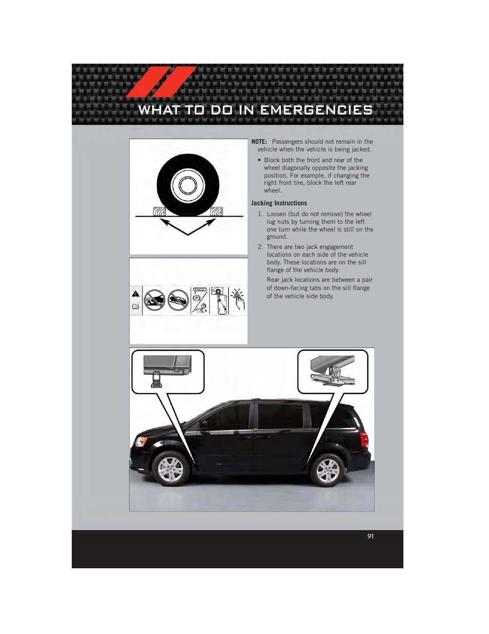 Jacking instructions, What to do in emergencies | Dodge 2012 Grand_Caravan - User Guide User Manual | Page 93 / 132