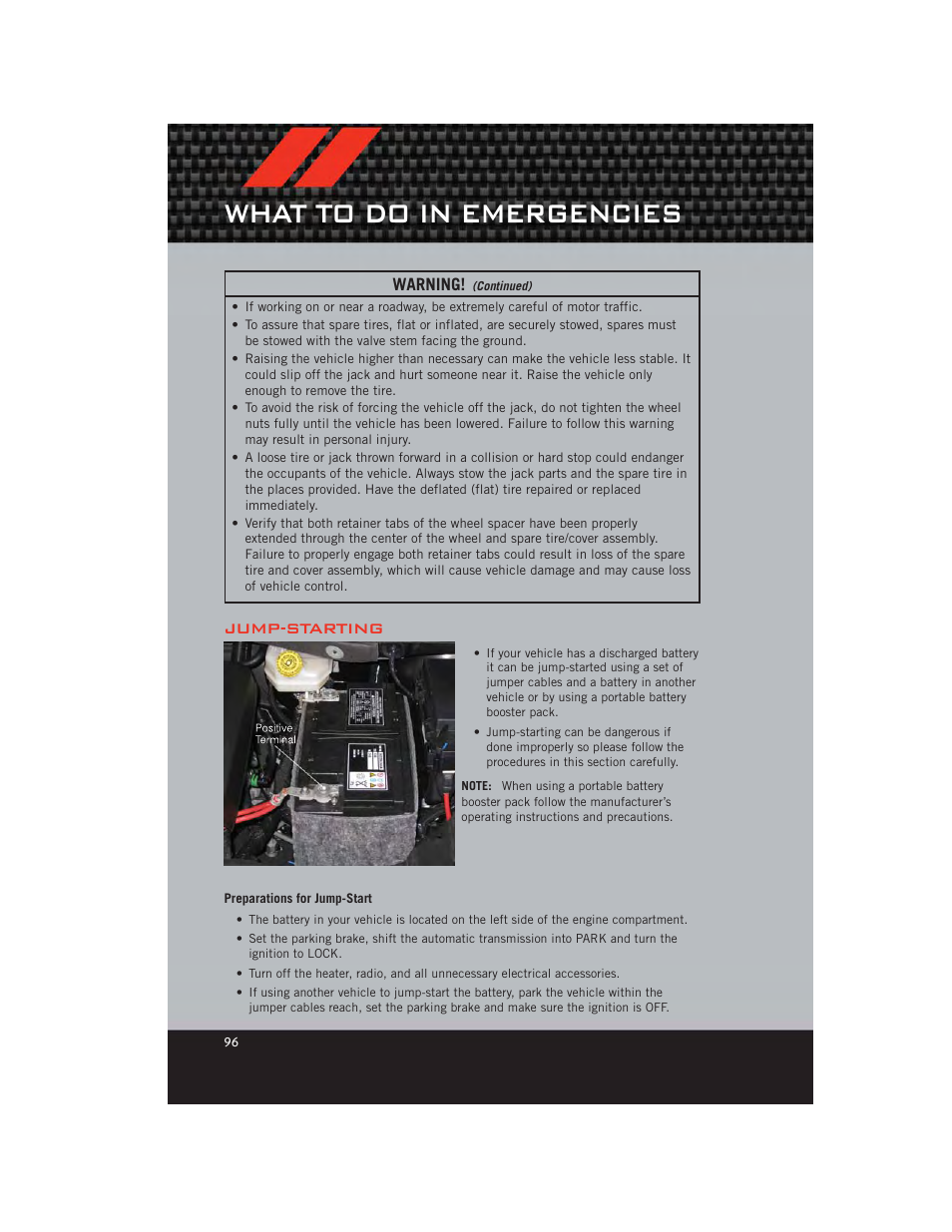 Jump-starting, Preparations for jump-start, What to do in emergencies | Dodge 2012 Grand_Caravan - User Guide User Manual | Page 98 / 132
