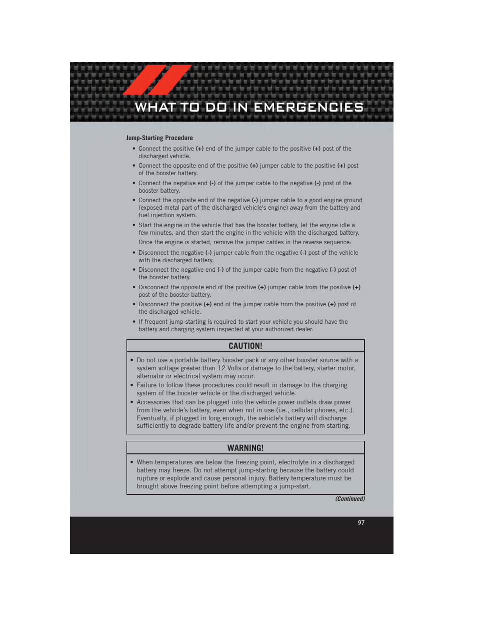 Jump-starting procedure, What to do in emergencies, Caution | Warning | Dodge 2012 Grand_Caravan - User Guide User Manual | Page 99 / 132