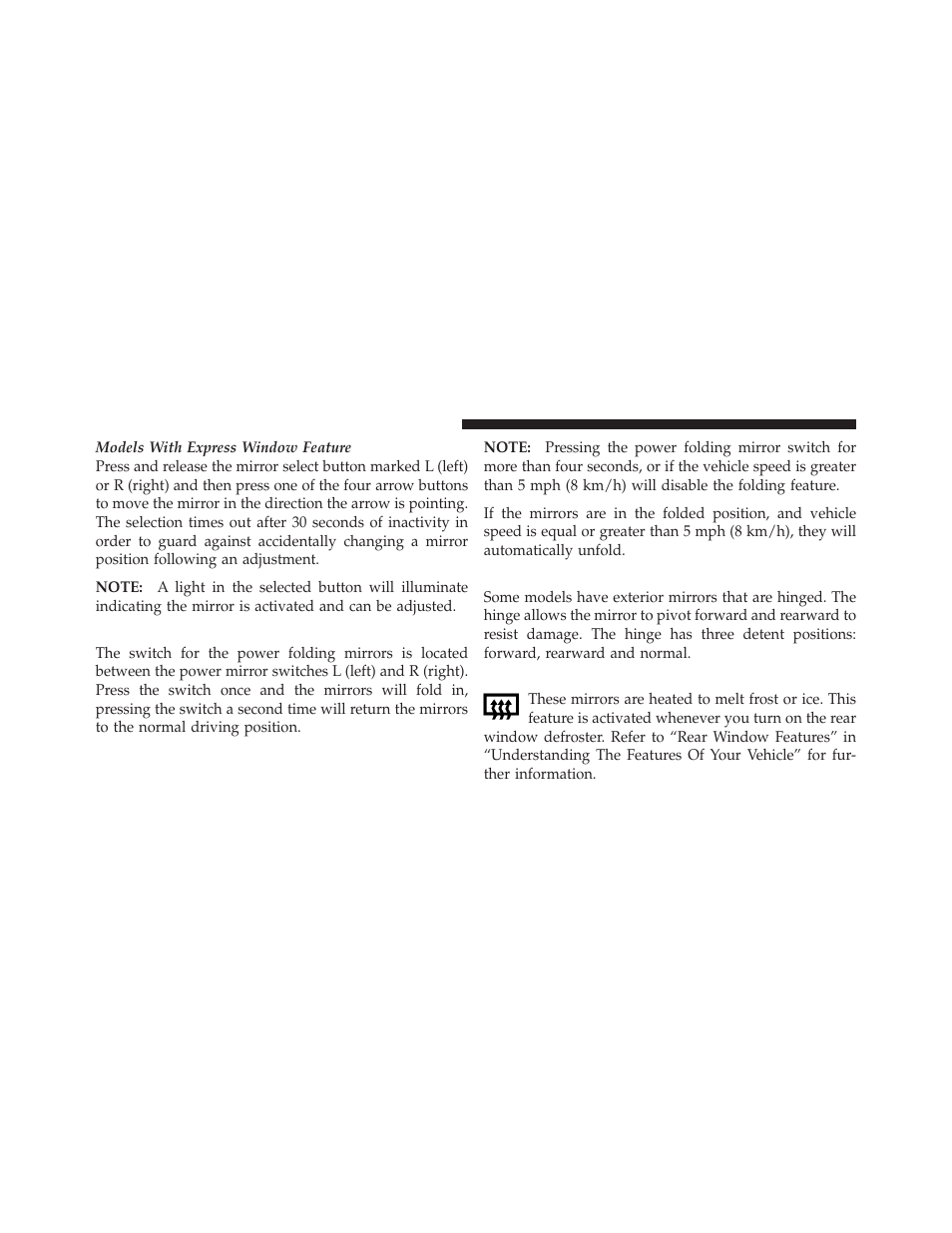 Power folding mirrors — if equipped, Manual folding mirrors — if equipped, Heated mirrors — if equipped | Dodge 2012 Journey - Owner Manual User Manual | Page 106 / 603