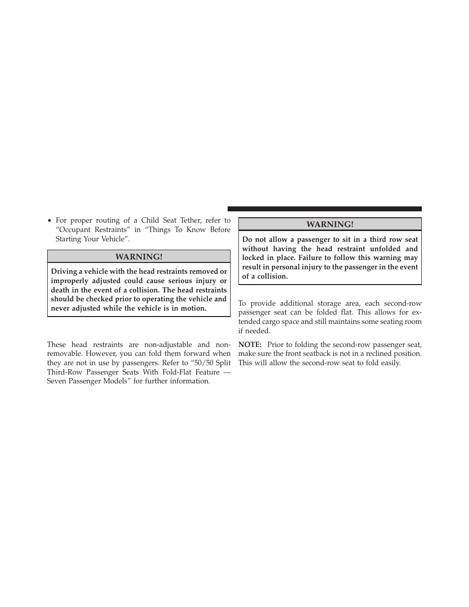 Third row passenger seats — seven passenger models, 60/40 split second-row passenger seats, Third row passenger seats — seven | Passenger models | Dodge 2012 Journey - Owner Manual User Manual | Page 192 / 603